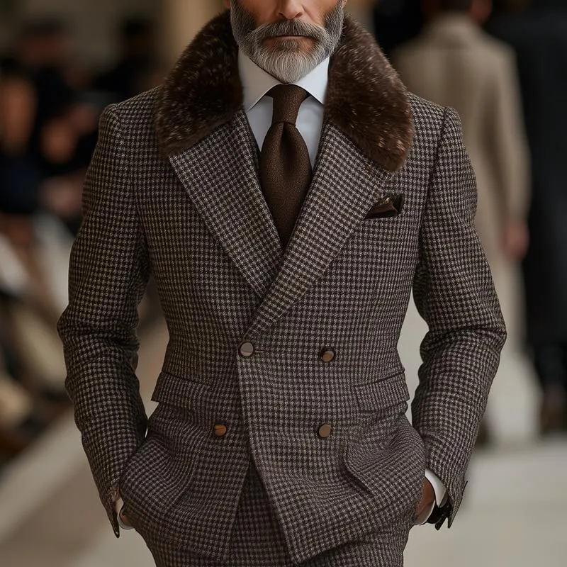 Men's Vintage Plaid Fur Lapel Double Breasted Slim Blazer 20154440Z sold by Manly product image thumbnail 2