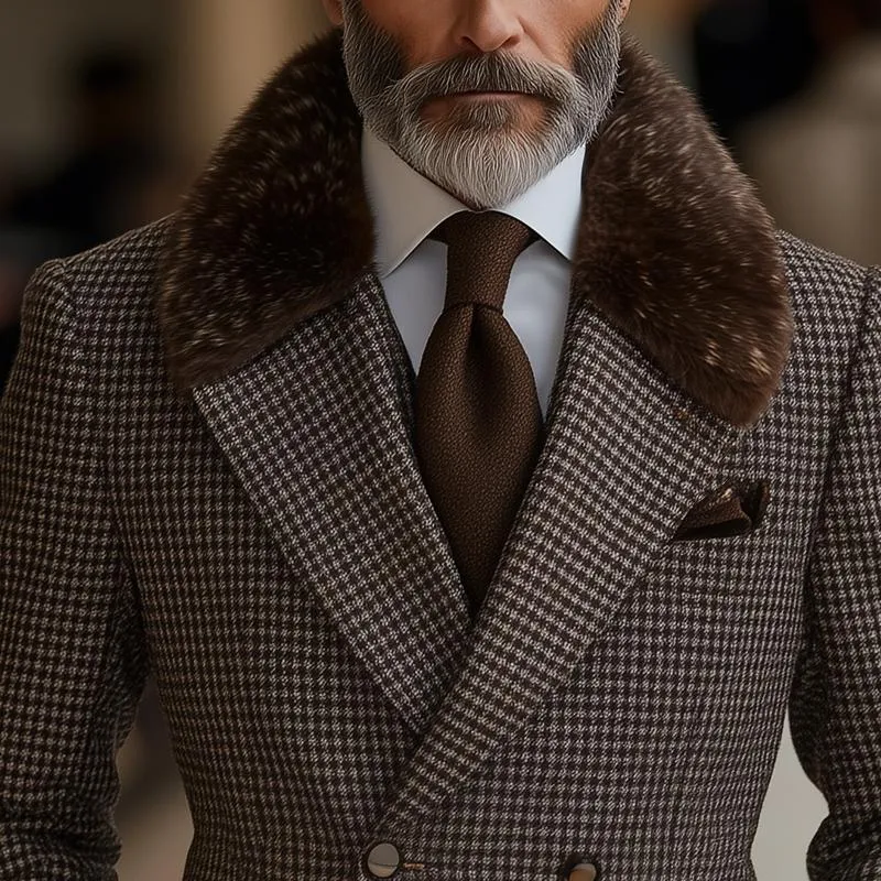 Men's Vintage Plaid Fur Lapel Double Breasted Slim Blazer 20154440Z sold by Manly product image thumbnail 3