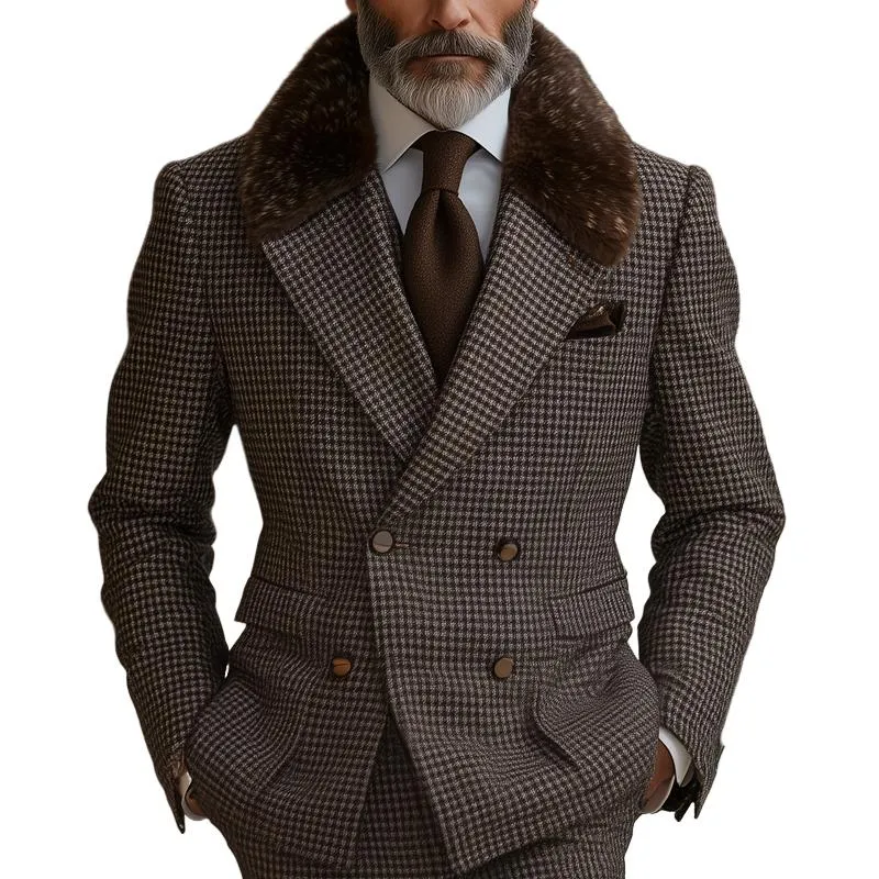 Men's Vintage Plaid Fur Lapel Double Breasted Slim Blazer 20154440Z sold by Manly