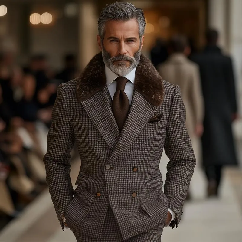 Men's Vintage Plaid Fur Lapel Double Breasted Slim Blazer 20154440Z sold by Manly product image thumbnail 4