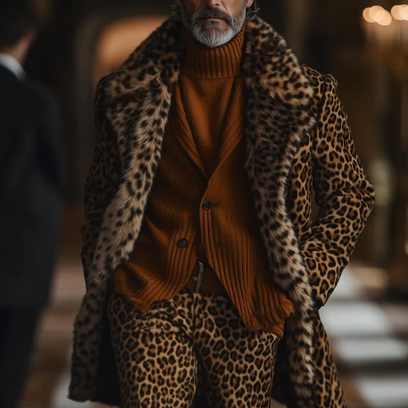 Men's Fashion Lepoard Faux Fur Lapel Suede Mid-length Coat 11965498Z sold by Manly product image thumbnail 2