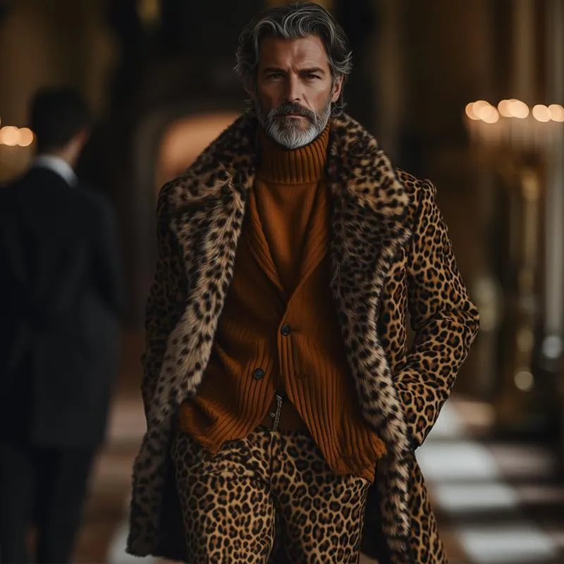 Men's Fashion Lepoard Faux Fur Lapel Suede Mid-length Coat 11965498Z sold by Manly product image thumbnail 4