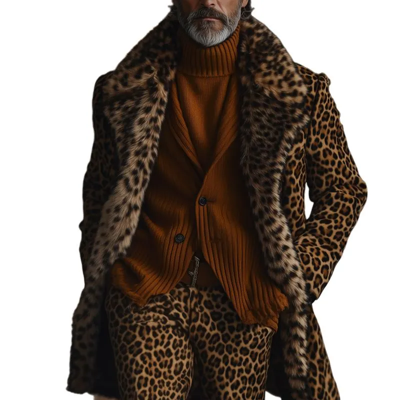 Men's Fashion Lepoard Faux Fur Lapel Suede Mid-length Coat 11965498Z sold by Manly