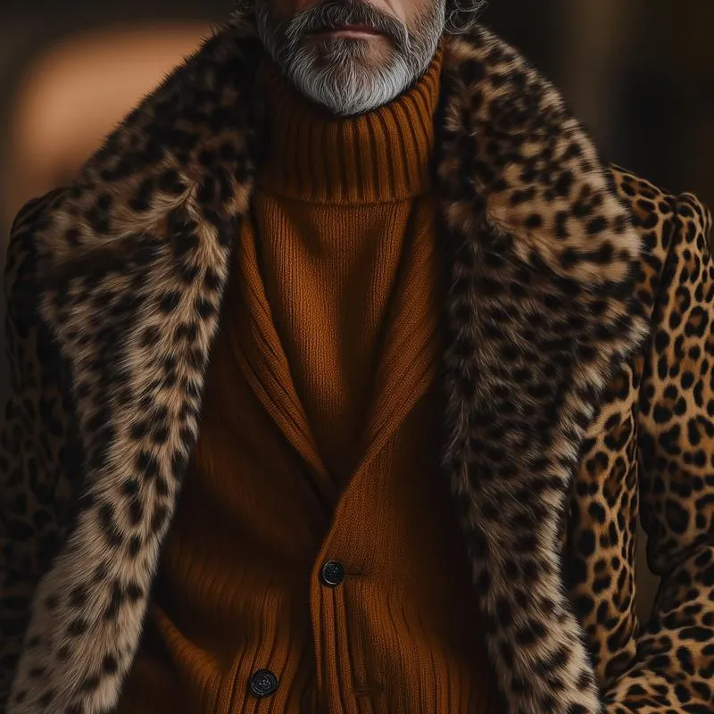 Men's Fashion Lepoard Faux Fur Lapel Suede Mid-length Coat 11965498Z sold by Manly product image thumbnail 3