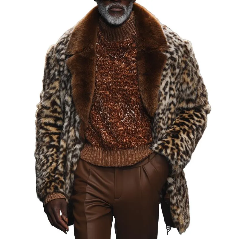 Men's Fashion Faux Fur Leopard Colorblock Lapel Mid-length Coat 89100809Z sold by Manly