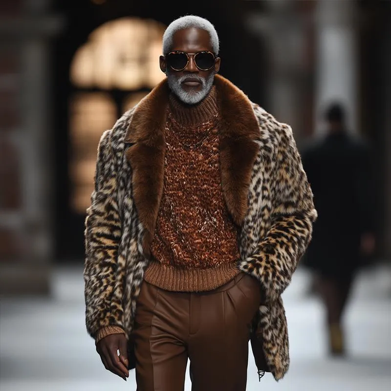 Men's Fashion Faux Fur Leopard Colorblock Lapel Mid-length Coat 89100809Z sold by Manly product image thumbnail 4