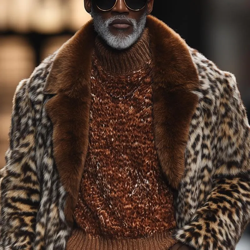 Men's Fashion Faux Fur Leopard Colorblock Lapel Mid-length Coat 89100809Z sold by Manly product image thumbnail 3