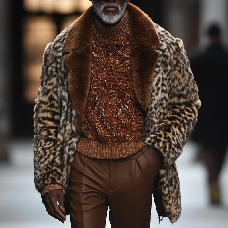 Men's Fashion Faux Fur Leopard Colorblock Lapel Mid-length Coat 89100809Z sold by Manly product image thumbnail 2