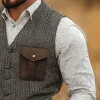 Men's Vintage Herringbone Pattern Patchwork Suede Pocket Single-Breasted Vest 54089175Y sold by Manly