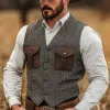 Men's Vintage Herringbone Pattern Patchwork Suede Pocket Single-Breasted Vest 54089175Y sold by Manly