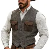 Men's Vintage Herringbone Pattern Patchwork Suede Pocket Single-Breasted Vest 54089175Y sold by Manly