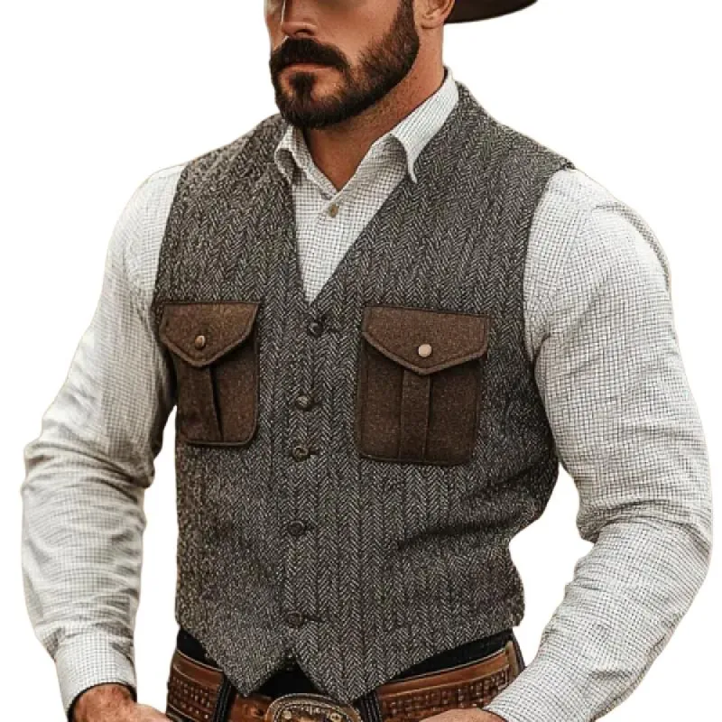 Men's Vintage Herringbone Pattern Patchwork Suede Pocket Single-Breasted Vest 54089175Y sold by Manly