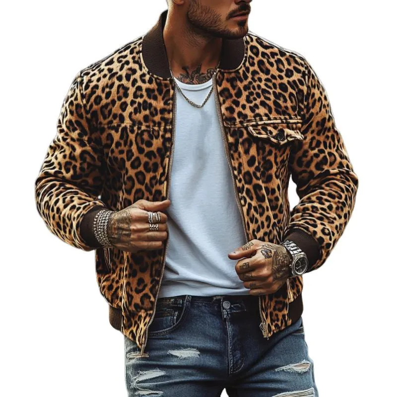 Men's Vintage Leopard Print Chest Pocket Bomber Jacket 05400168Y sold by Manly