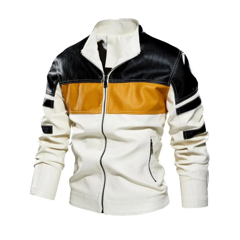 Men's Casual Colorblock Stand Collar Leather Jacket 17723317Y sold by Manly