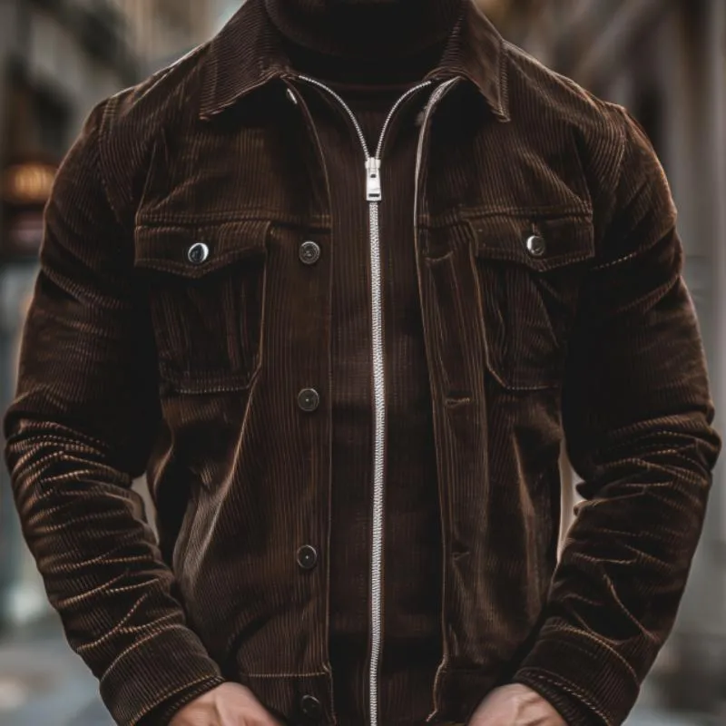 Men's Vintage Corduroy Lapel Zipper Button Double Placket Slim Fit Jacket 95273099M sold by Manly product image thumbnail 3