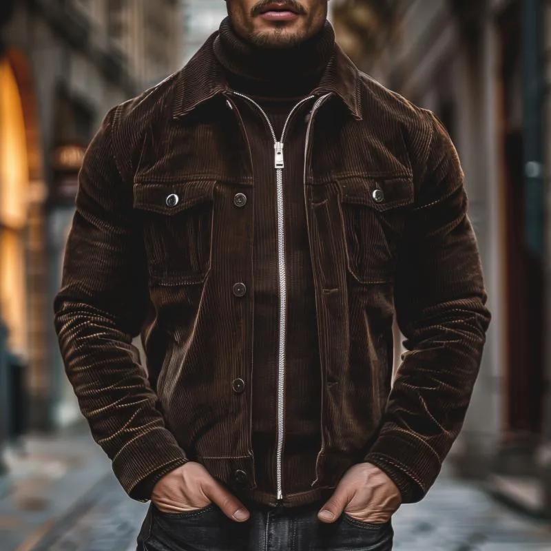 Men's Vintage Corduroy Lapel Zipper Button Double Placket Slim Fit Jacket 95273099M sold by Manly product image thumbnail 2
