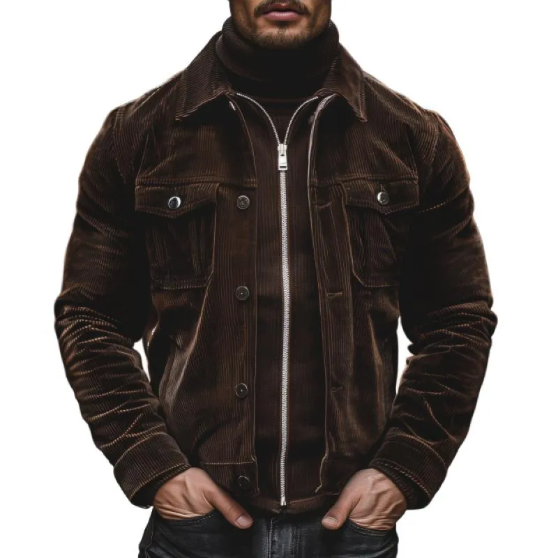 Men's Vintage Corduroy Lapel Zipper Button Double Placket Slim Fit Jacket 95273099M sold by Manly
