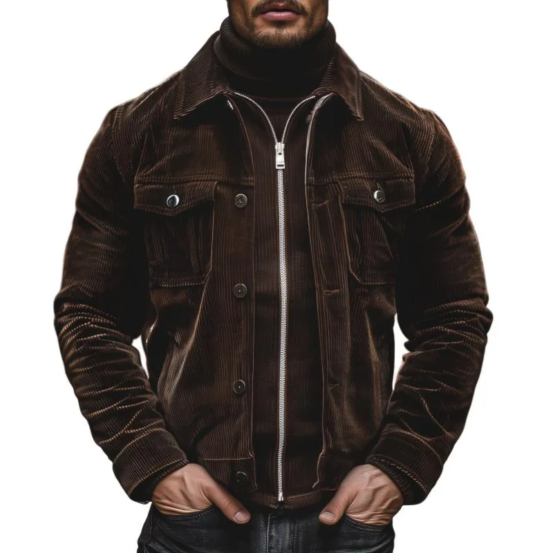 Men's Vintage Corduroy Lapel Zipper Button Double Placket Slim Fit Jacket 95273099M sold by Manly