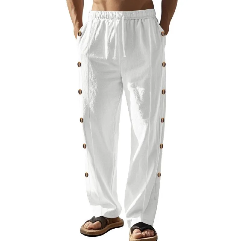 Men's Solid Color Cotton And Linen Side Buttons Decor Elastic Waist Casual Pants 93608010Z sold by Manly