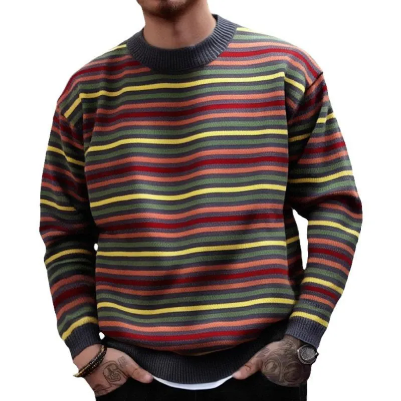 Men's Casual Crew Neck Rainbow Striped Knitted Pullover Sweater 73747415M sold by Manly