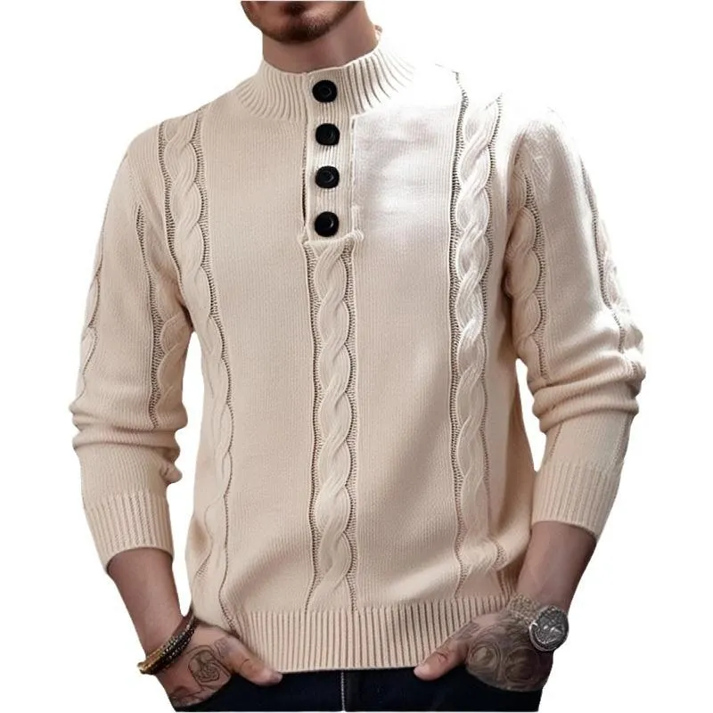 Men's Casual Button Stand Collar Cable Knit Pullover Sweater 01011078M sold by Manly