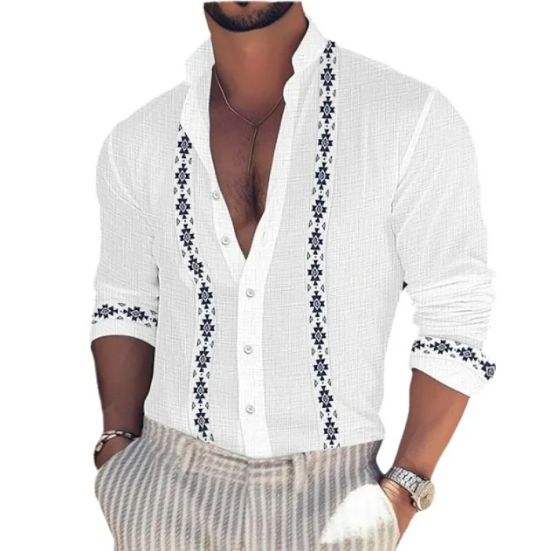 Men's Retro Casual Print Stand Collar Long Sleeve Shirt 62660083TO sold by Manly