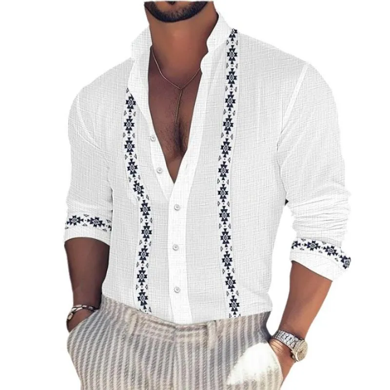 Men's Retro Casual Print Stand Collar Long Sleeve Shirt 62660083TO sold by Manly