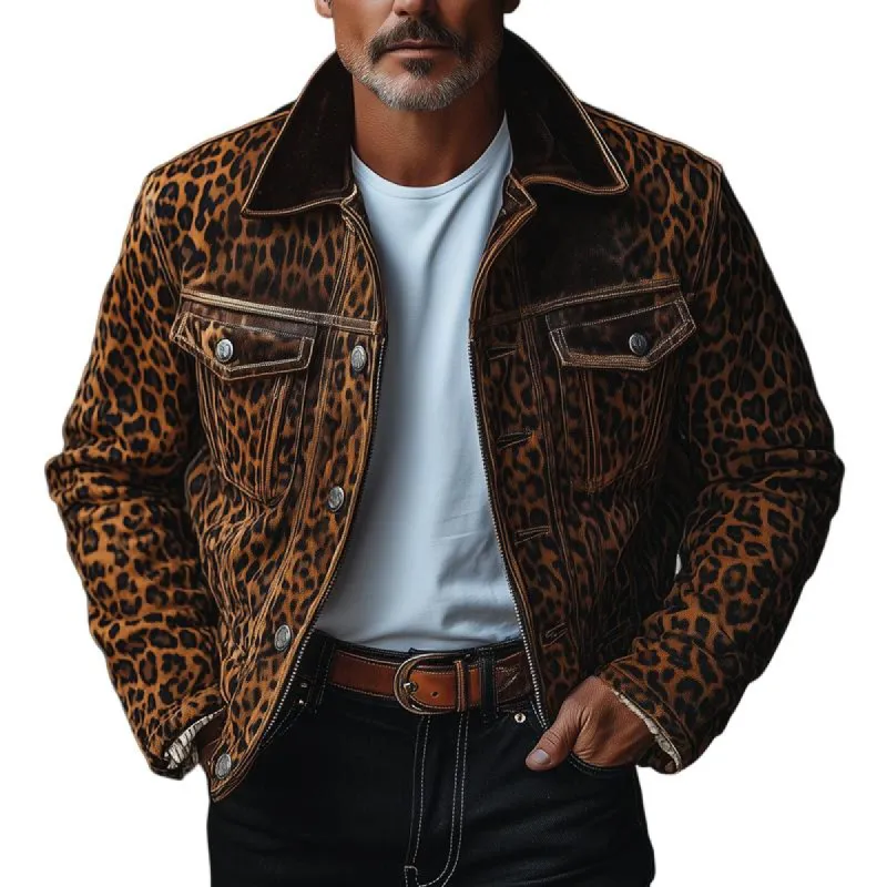 Men's Fashion Leopard Suede Lapel Chest Pocket Single Breasted Cargo Jacket 99029220Z sold by Manly