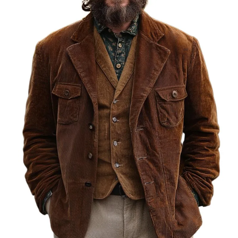 Men's Vintage Solid Color Corduroy Notch Lapel Chest Pockets Single Breasted Casual Jacket 40982641Z sold by Manly