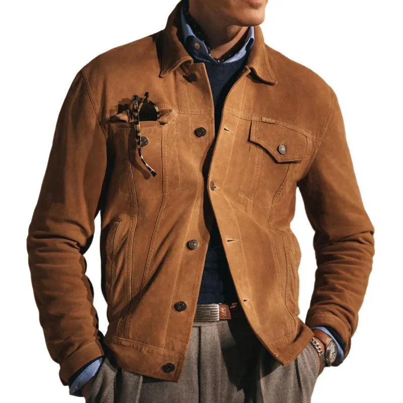 Men's Retro Solid Suede Lapel Chest Pocket Single Breasted Cargo Jacket 33486812Z sold by Manly