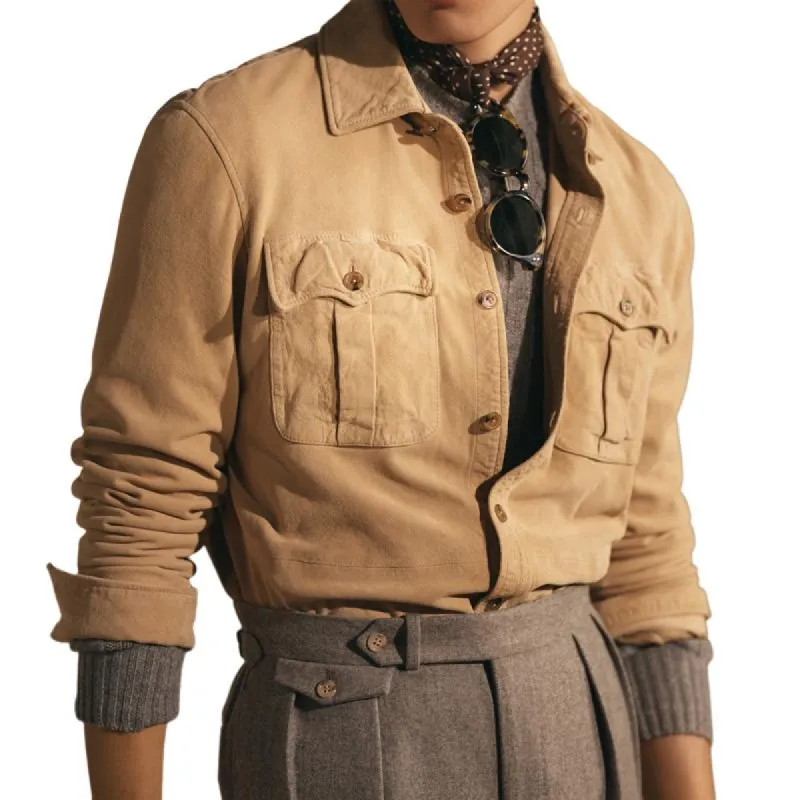 Men's Retro Solid Color Lapel Chest Pocket Long Sleeve Cargo Shirt 74668291Z sold by Manly