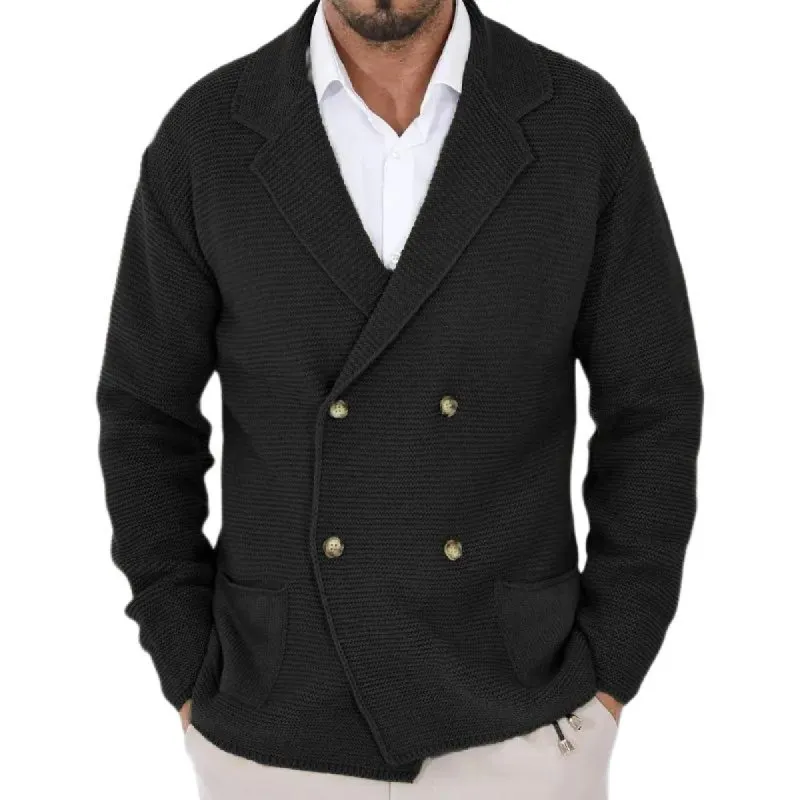 Men's Solid Color Notch Lapel Double Breasted Knit Cardigan 26091996Z sold by Manly