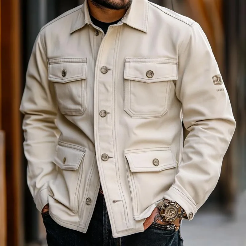 Men's Vintage Solid Color Lapel Multi-pocket Single Breasted Cargo Jacket 87731164Z sold by Manly product image thumbnail 2