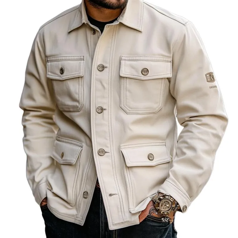 Men's Vintage Solid Color Lapel Multi-pocket Single Breasted Cargo Jacket 87731164Z sold by Manly