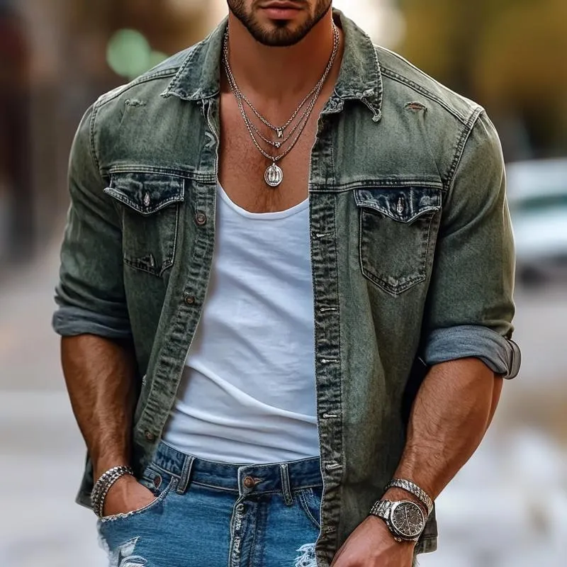 Men's Retro Washed Thin Denim Long Sleeve Shirt 77842418X sold by Manly product image thumbnail 2