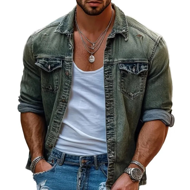 Men's Retro Washed Thin Denim Long Sleeve Shirt 77842418X sold by Manly