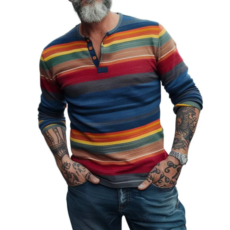 Men's Casual Retro Rainbow Striped Long Sleeve T-Shirt 73367548TO sold by Manly