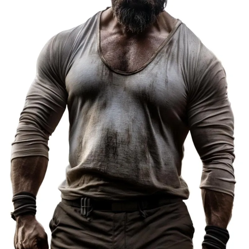 Men's Retro Casual Distressed Printed Long Sleeve T-Shirt 32936614TO sold by Manly