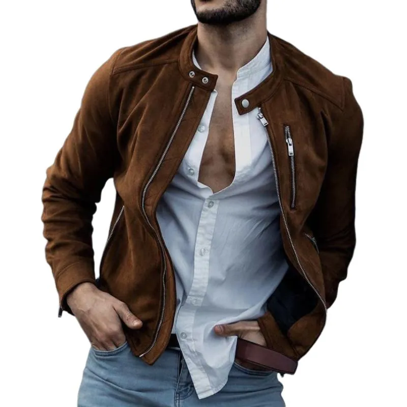 Men's Vintage Casual Suede Solid Zipper Stand Collar Jacket 43911945TO sold by Manly