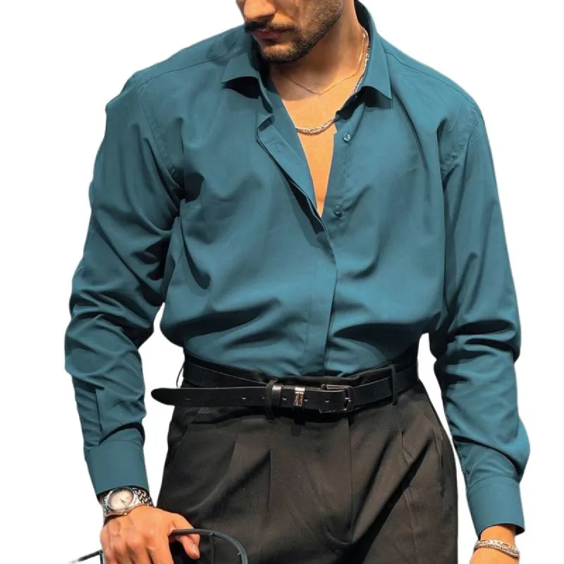 Men's Retro Casual Solid Color Lapel Long Sleeve Shirt 61700721TO sold by Manly