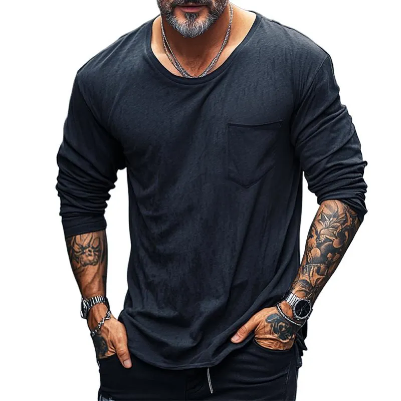 Men's Retro Casual Round Neck Printed Pocket Long Sleeve T-Shirt 64245911TO sold by Manly