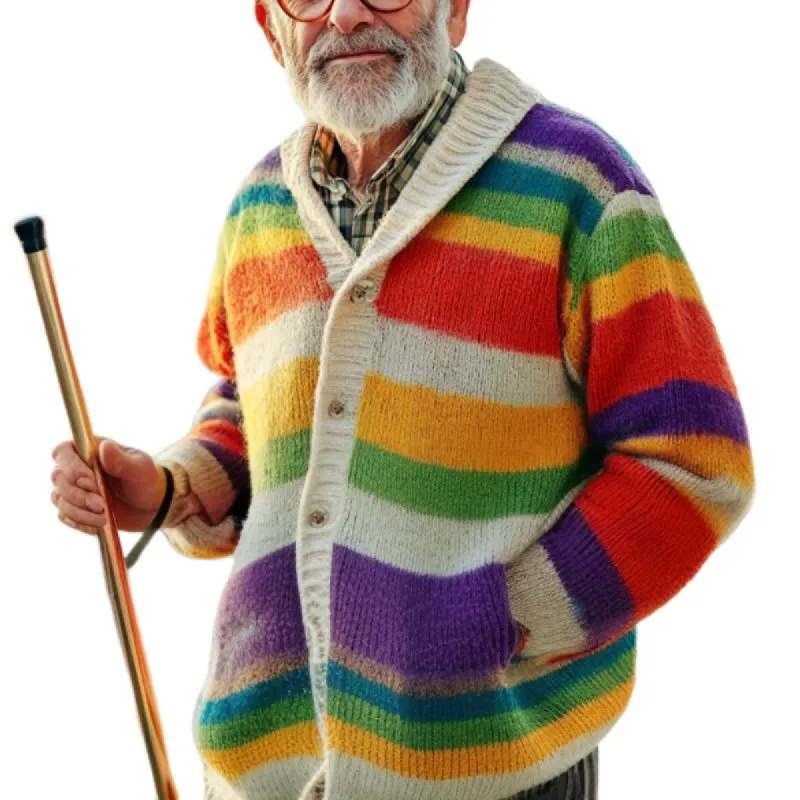 Men's Vintage Colorful Striped Lapel Knitted Cardigan 40984869Y sold by Manly