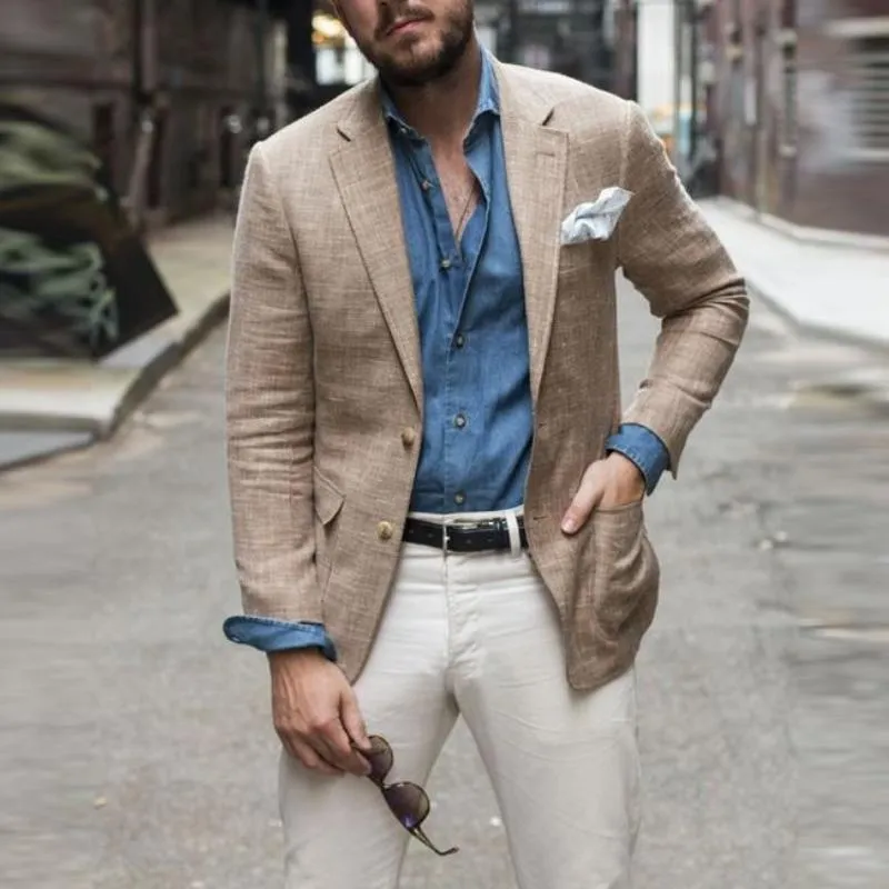 Men's Casual Linen Cotton Notch Lapel Single Breasted Slim Fit Blazer 59018775M sold by Manly product image thumbnail 3