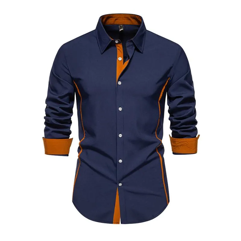 Men's Casual Contrast Patchwork Lapel Slim Long Sleeve Shirt 24807483M sold by Manly