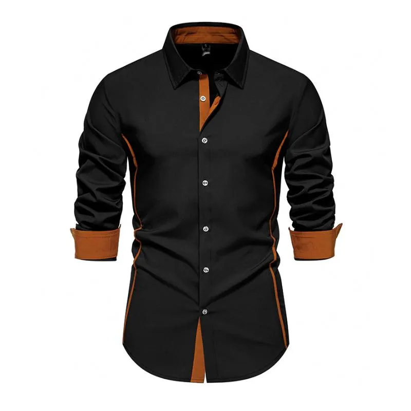Men's Casual Contrast Patchwork Lapel Slim Long Sleeve Shirt 24807483M sold by Manly product image thumbnail 3