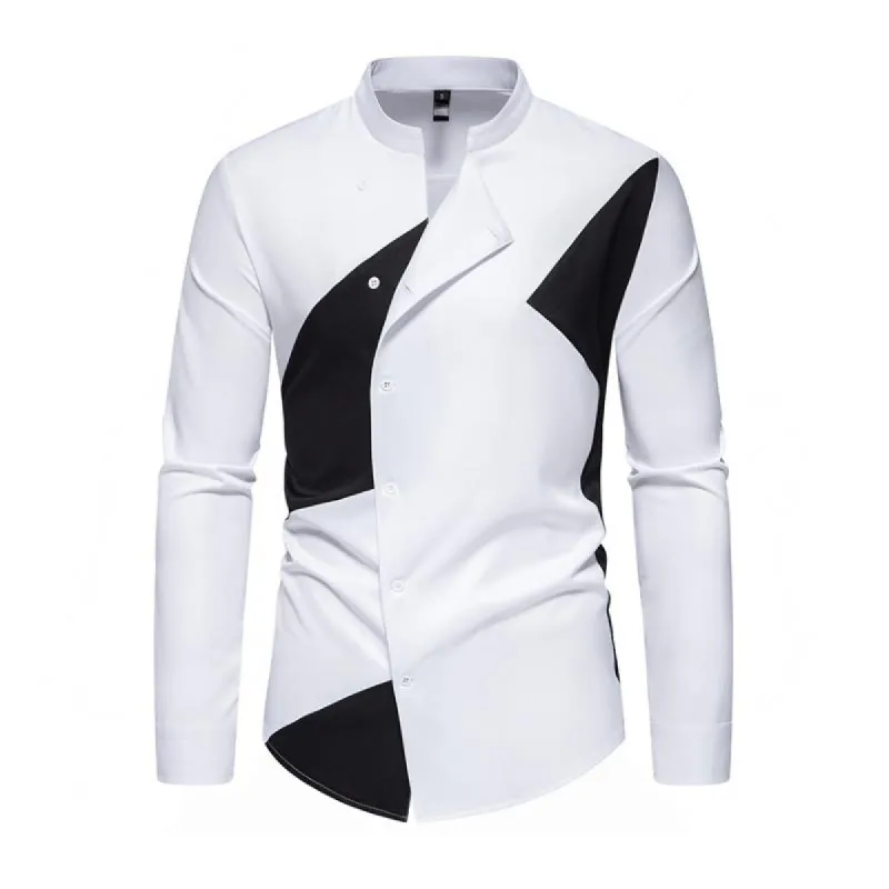 Men's Stylish Colorblock Stand Collar Slanted Placket Slim Fit Long Sleeve Shirt 05070160M sold by Manly