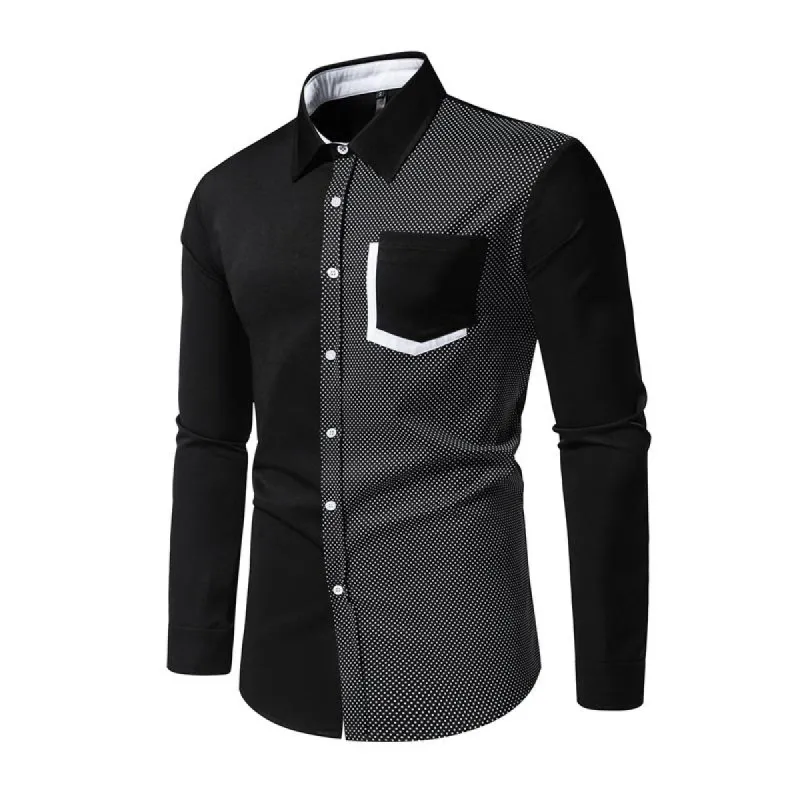Men's Casual Contrast Patchwork Lapel Slim Long Sleeve Shirt 45721172M sold by Manly