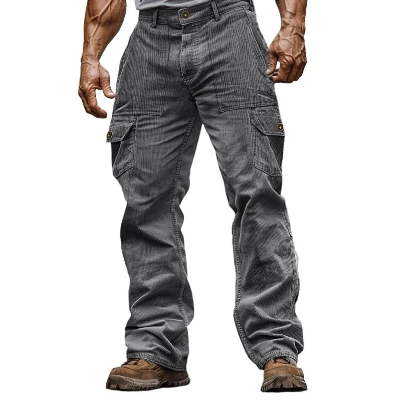 Men's Solid Color Corduroy Multi-Pocket Cargo Straight Pants 99285390Y sold by Manly
