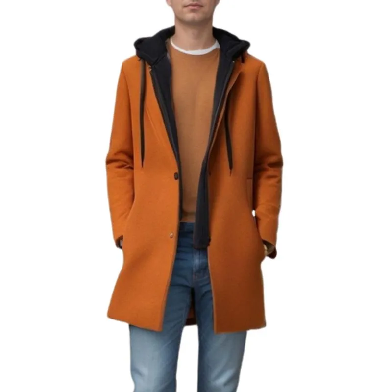 Men's Solid Color Padded Hooded Mid-Length Woolen Coat 99815270Y sold by Manly