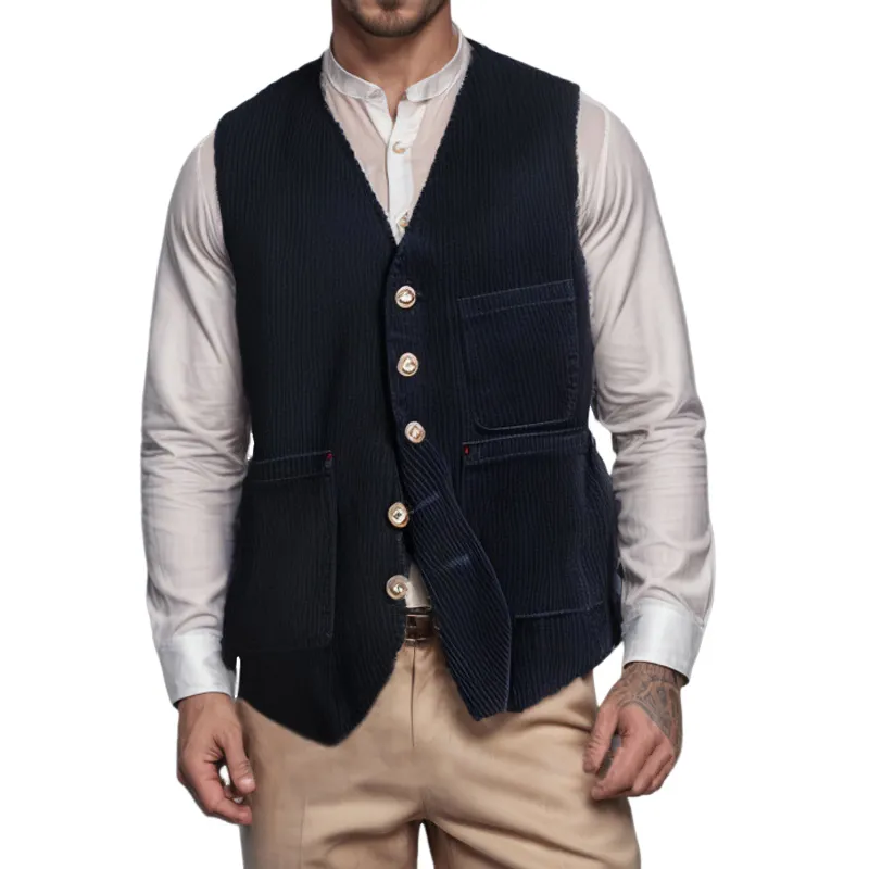 Men's Solid Corduroy Multi-Pocket Vest 18240938Y sold by Manly